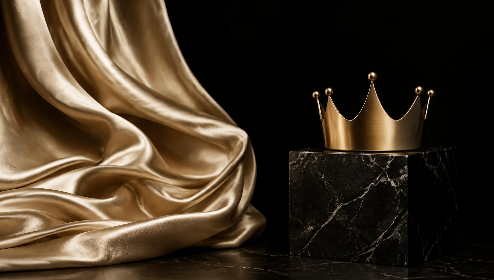 Tecido de seda dourado e coroa sobre mármore negro